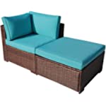 OC Orange-Casual 2 Piece Patio Sectional Furniture Set with Back Seat Cushions, Outdoor Armchair Wicker Sofa, Ottoman Brown Wicker &amp; Turquoise Cushion