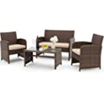 AVAWING 4 Pieces Outdoor Patio Furniture Sets, Wicker Conversation Furniture Rattan Chair Set with Tempered Glass Coffee Table &amp; Soft Cushions for Garden Backyard Balcony Porch Poolside, Beige