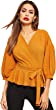 SheIn Women's Lantern 3/4 Sleeve V Neck Ruffle Blouse Tie Waist Wrap Peplum Top