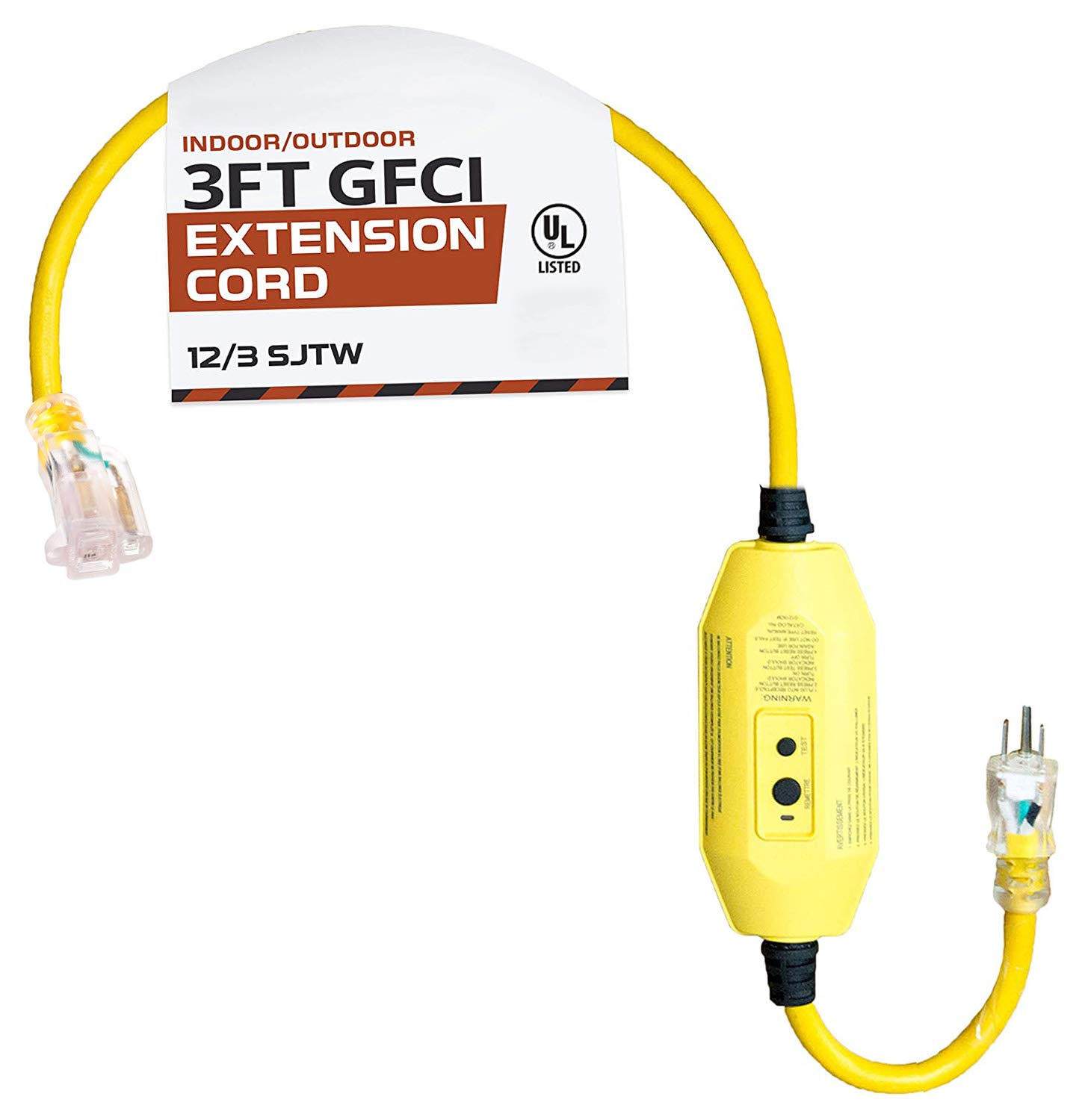 IRON FORGE CABLE 3 Foot Lighted Outdoor GFCI Extension Cord - 12/3 SJTW Heavy Duty Yellow Pigtail Extension Cable with 3 Prong Grounded Plug for Safety, 15 AMP