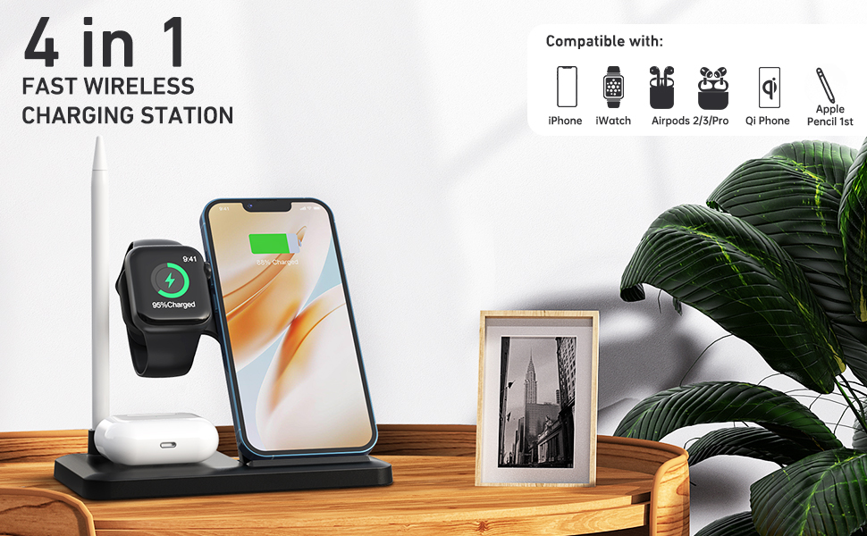 4 in 1 wireless charger charging station dock phone stand for iphone airpods apple watch samsung Qi