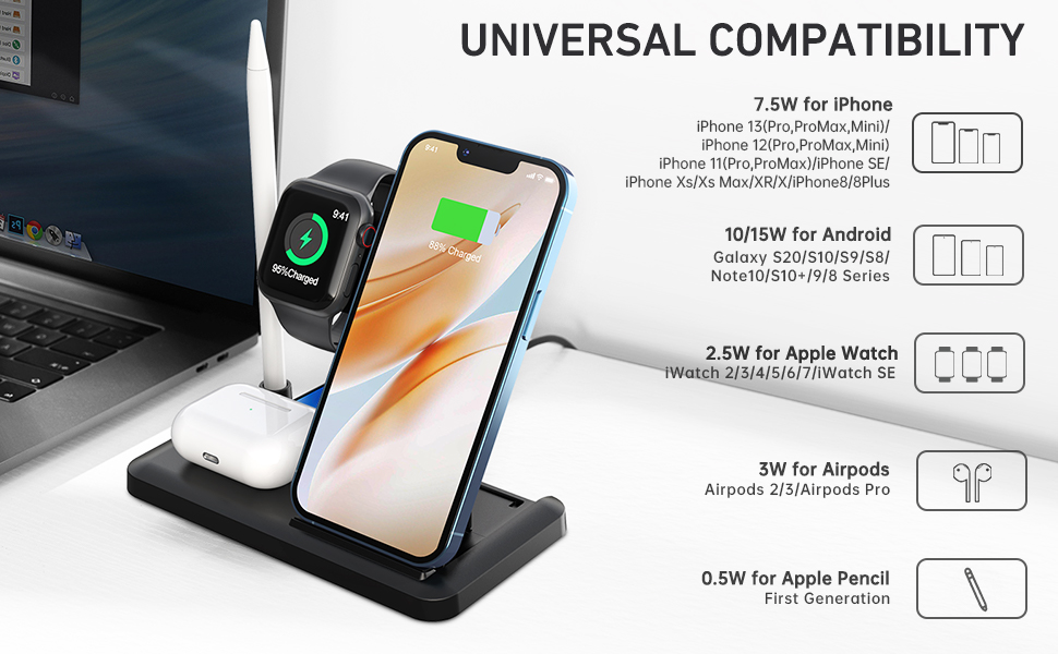 4 in 1 wireless charger charging station dock phone stand for iphone airpods apple watch samsung Qi