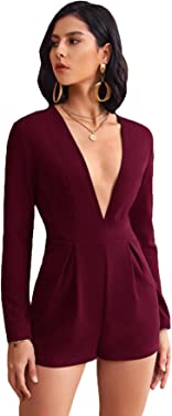 WDIRARA Women's Deep V Neck Long Sleeve High Waist Pleated Romper Jumpsuit