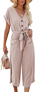 ROSKIKI Women's V-Neck Short Sleeve Button Pocketed Wide Leg Jumpsuits Romper with Belt