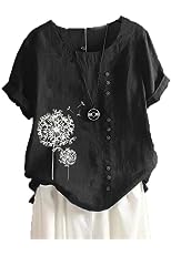 Women's Plus Size Comfy Cotton Linen Dandelion Shirts Summer Beach Short Sleeve Casual Loose Blouses Tunic Tops