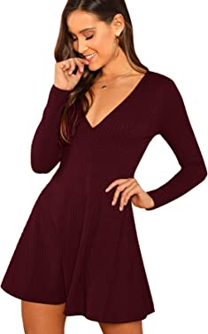 Verdusa Women's Elegant Deep V Neck Long Sleeve Ribbed Short Skater Dress