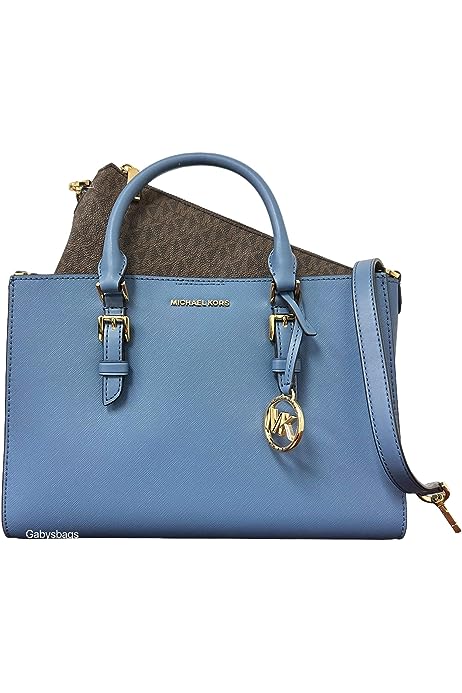 Sally 2 in 1 Satchel Denim Blue Saffiano Leather + Brown MK Pouch