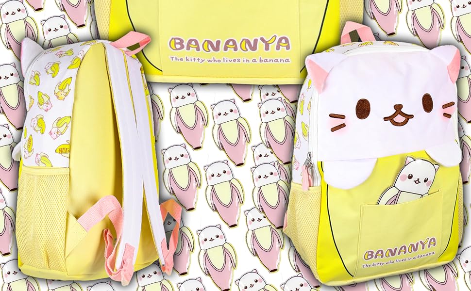 Crunchyroll Bananya Plush 3-D Cat Anime Cartoon 16" Backpack a cat dreams a chocolate-covered banana