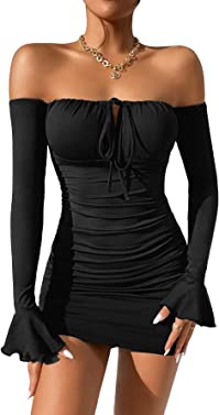 SheIn Women's Off Shoulder Ruched Bodycon Mini Dress Flounce Long Sleeve Tie Front Short Pencil Dresses