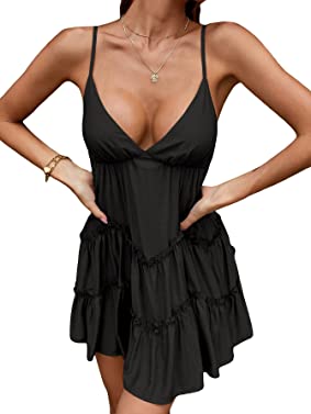 Floerns Women's Deep V Neck Cami Tiered Dress Sleeveless Summer Mini Dress