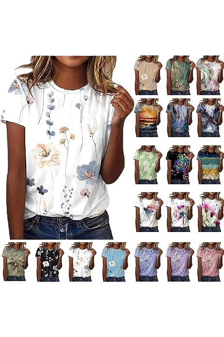 Floral Tops for Women 2023 Crewneck Short Sleeve Summer Casual Top Cute Petite Dressy Tunic Shirts Ladies Blouses