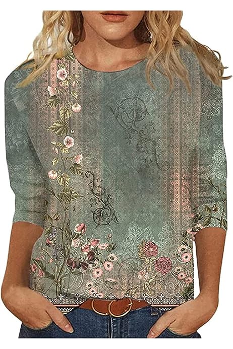 Womens Tops Dressy Casual 3/4 Sleeve Spring Blouse Floral Print Vacation T Shirts Plus Size Fashion Graphic Tunic