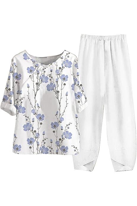 2 Piece Summer Sets for Women 2023 Casual Short Sleeve Floral Button Loungewear Elastic Waist Cropped Pants