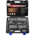 69 Pieces - EPAuto 1/4” &amp; 3/8” Drive Socket Set with Pear Head Ratchet, Chrome (92-824)