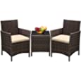 Greesum 3 Pieces Outdoor Patio Porch Furniture Sets, PE Rattan Wicker Chairs with Table, Brown and Beige