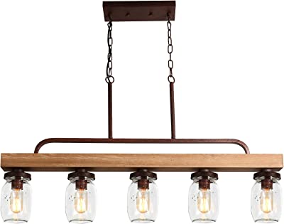 Jobtical Dining Room Light Fixture, 5-Light Kitchen Island Light Fixture, Rustic Farmhouse Chandelier with Mason Jar Glass Shade for Living Room Bar, Height Adjustable