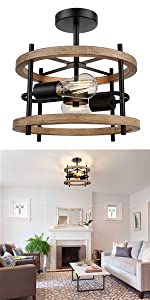 2-Light Farmhouse Wood Semi Flush Mount Ceiling Light Fixture