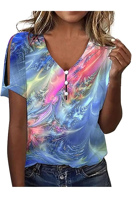 Women Summer Tie Dye T-Shirt Shirt V-Neck Short Sleeve Cute Casual Tee Tops Retro Comfy Fashion Blouses Tees Shirts