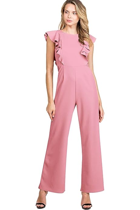 Women's Sexy Casual Sleeveless Ruffle Trim Wide Leg High Waist Long Jumpsuit