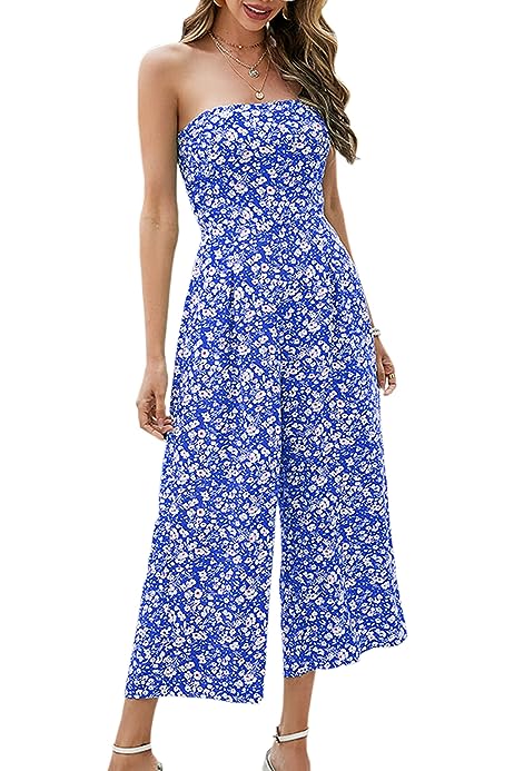 Womens Floral Print Off Shoulder Romper Casual Strapless Wide Leg Pants Jumpsuit