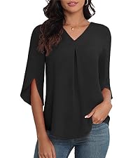 LAOLASI V Neck 3/4 Sleeve Chiffon Blouses