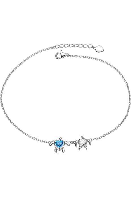 Sterling Silver Mom and Baby Turtle Necklace Stud Earrings Anklet Cubic Zirconia Heart Pendant Turtle Jewelry Set for Women