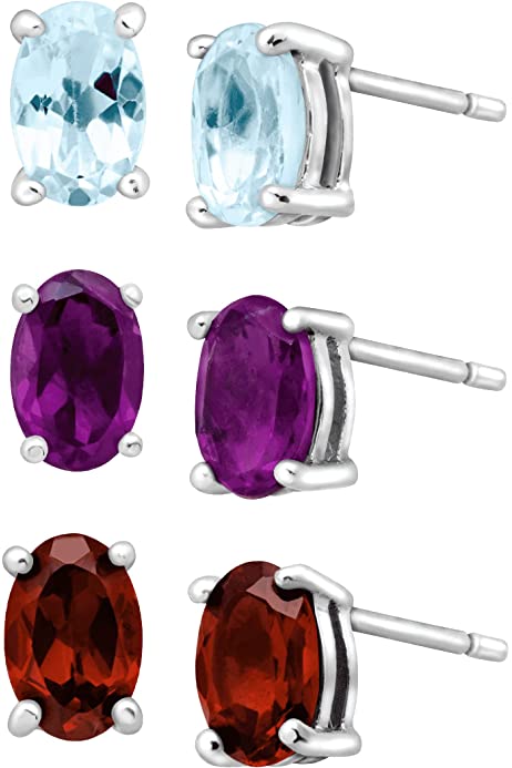 2 3/8 ct Natural Sky Blue Topaz, Garnet & Amethyst Stud Earring Set in Sterling Silver