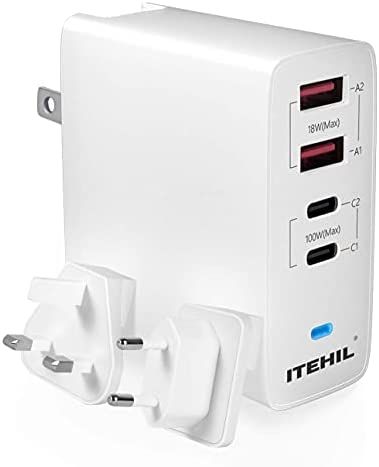 USB C Wall Charger, ITEHIL 100W 4-Port Fast PD Charger, Portable Type C Charger with Foldable Plug for iPhone 12/12 Pro Max/AirPods Max/iPad/MacBook/Samsung and More (Cable Not Included)