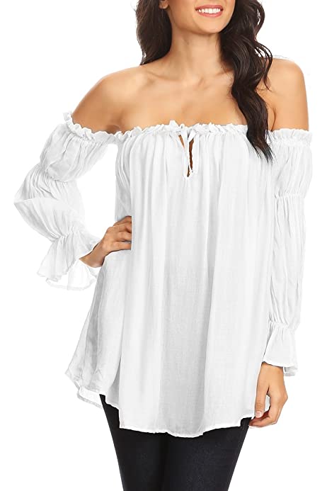 Womens Semi Sheer Boho Peasant Long Sleeve Off The Shoulder Top