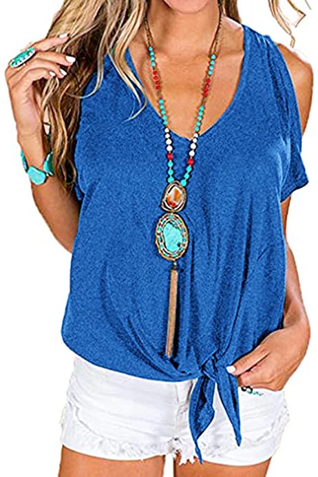 2022 Women's T Shirt Cold Shoulder Tops Casual V Neck Short Sleeve Tshirt Twist Knot Tunics