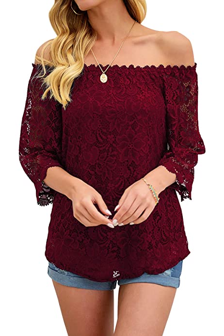 Womens Tops Casual Off The Shoulder 3/4 Sleeve Lace Loose Blouse Dressy Summer Shirts