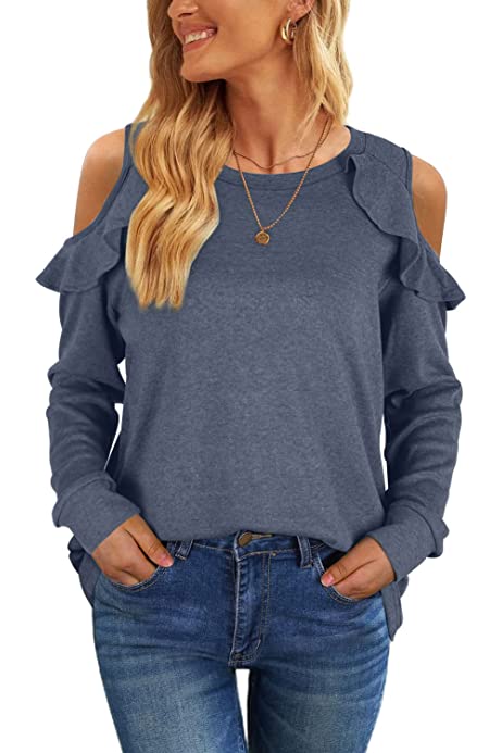 Women's Cold Shoulder Tops Crew Neck Ruffle Long Sleeve Shirts