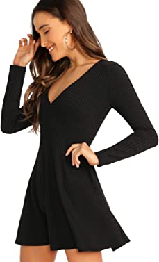 Verdusa Women's Elegant Deep V Neck Long Sleeve Ribbed Short Skater Dress