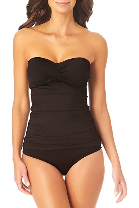 Women's Solid Twist Front Shirred Bandeau Tankini Swim Top