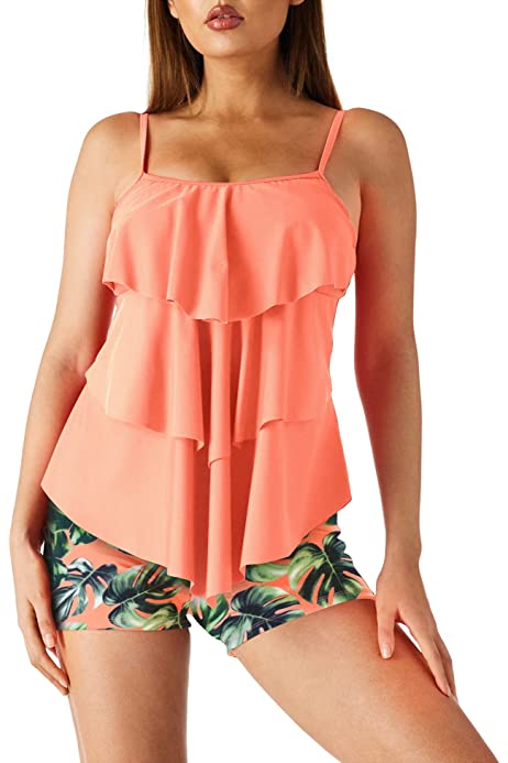 Tankini Swimsuits for Women Flounce 2-Piece Top Swimwear High Waisted Bikini Bottom Plus Size Tummy Control Bathing Suits