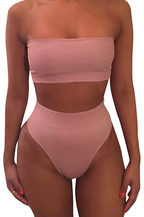 Women's Removable Strap Bandeau Top High Cut Cheeky Bikini Set Swimsuit