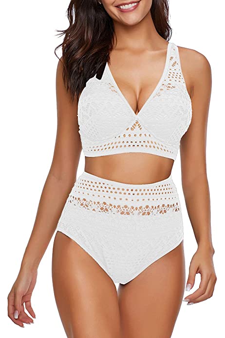 Women's High Waist Bikini Set Crochet Lace V Neck Two Pieces Swimsuit