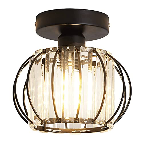 YYJLX Semi Flush Mount Ceiling Light Fixture Antique Small Crystal Chandelier Indoor Lighting for Bathroom Hallway Cafe Bar Porch Hall（Black）