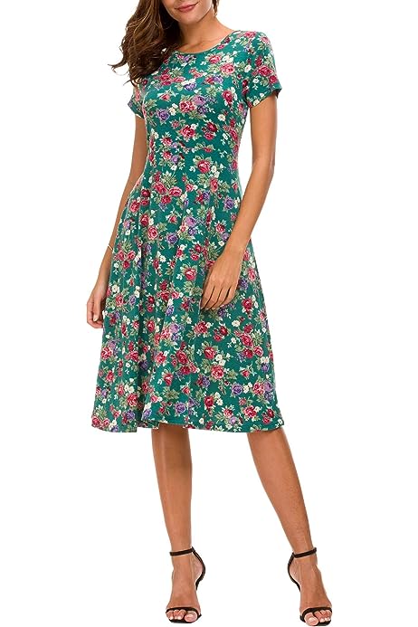 Women's Floral Print Short Sleeve Flared Midi Dress