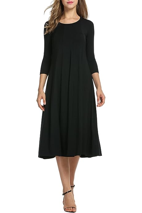 Women's 3/4 Sleeve A-line and Flare Midi Long Dress