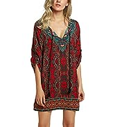 Women Bohemian Neck Tie Vintage Printed Ethnic Style Summer Shift Dress