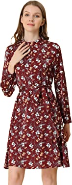 Allegra K Women's Mock Neck Swing Knee Length Long Sleeve A-line Floral Dress