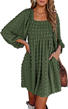 BTFBM Women 2023 Spring Summer Square Neck Smocked Dresses Long Sleeve Floral Swiss Dot Ruffle Party Mini Babydoll Dress