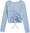 SweatyRocks Women's Long Sleeve V Neck Crop Top Drawstring Ruched Tee Shirt