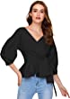 SheIn Women's Long Sleeve V Neck Ruffle Blouse Off Shoulder Tie Waist Wrap Tops