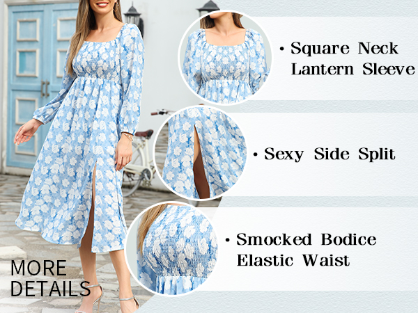 womens Side Split Midi Flowy Dresses Square Neck Floral Puff Sleeve Dress