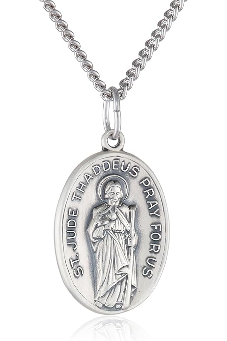 Sterling Silver Oval Saint Jude Medal with Antique Finish and Stainless Steel Chain, 20"