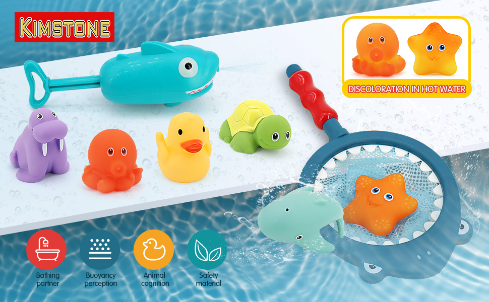 KIMSTONE bath toy contains 6 floating squirting toys,a shark water gun and a fishing net.