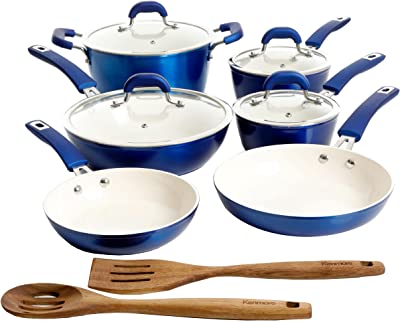 Kenmore Arlington Nonstick Ceramic Coated Forged Aluminum Induction Cookware, 12-Piece, Metallic Blue