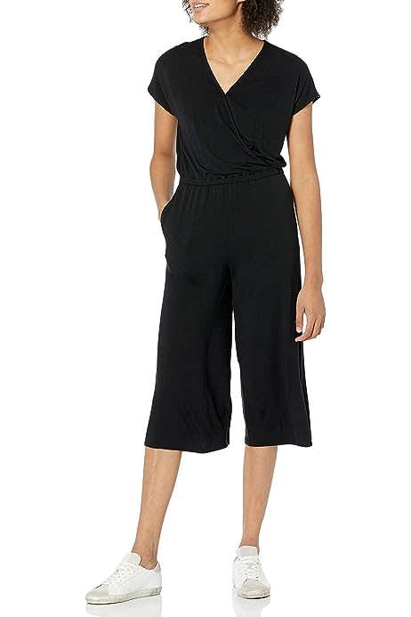 Women's Short-Sleeve Surplice Cropped Wide-Leg Jumpsuit